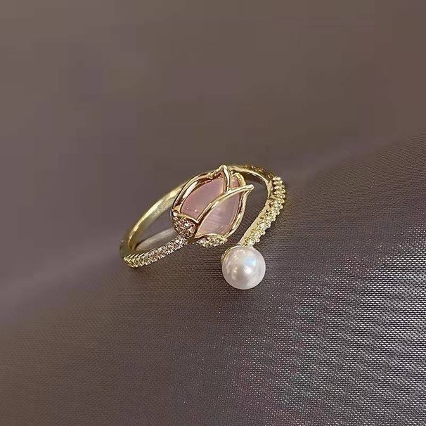 Tulip ring for women ins style new light luxury niche ring Korean retro inlaid pearl ring_ipsvogv.com