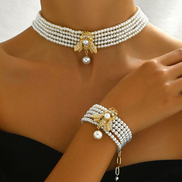 Feng women's pearl necklace bracelet set, niche multi-layer bee pendant design, long collarbone chain_ipsvogv.com