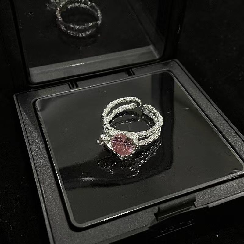 Temperament Girl Pink Zircon Ring Female Niche Design High End Sweet Cool Wind Lava Irregular Love Set_ipsvogv.com