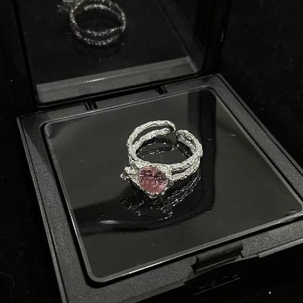 Temperament Girl Pink Zircon Ring Female Niche Design High End Sweet Cool Wind Lava Irregular Love Set_ipsvogv.com