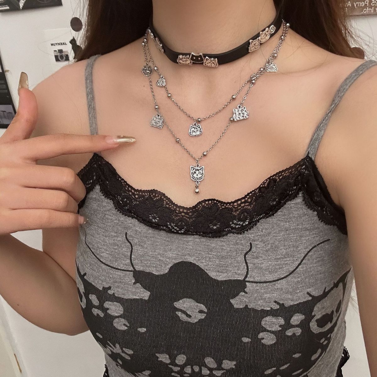 Unisex Cartoon Funny Cat Tassel Leather Collar Female Choker Sweet Cool Hot Girl Stacking Necklace Niche Personality Necklace_ipsvogv.com
