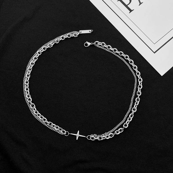 Version Of Ins Thick And Thin Titanium Steel Choker Necklace Men And Women Trendy Cross Hip Hop Simple Couple Double Layer Necklace_ipsvogv.com