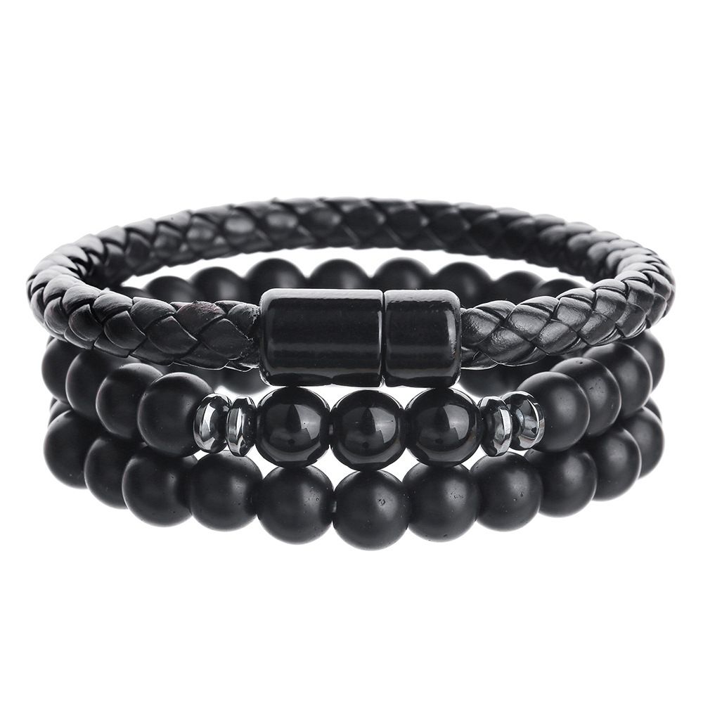 New Hip Hop Punk Beaded Men's Bracelet Set Stacking Black Agate Tiger Eye Stone Leather Magnetic Buckle Bracelet_ipsvogv.com
