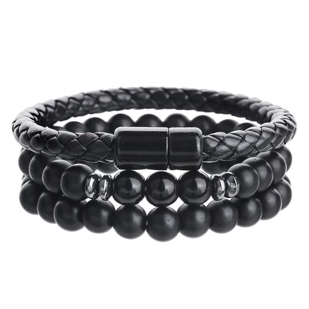New Hip Hop Punk Beaded Men's Bracelet Set Stacking Black Agate Tiger Eye Stone Leather Magnetic Buckle Bracelet_ipsvogv.com