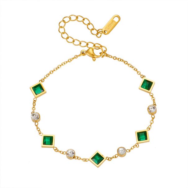 Women's Jewelry Simple Personality Square Green Zircon Splicing Chain Titanium Steel Bracelet Gold Plated Non Fading All Match Female_ipsvogv.com