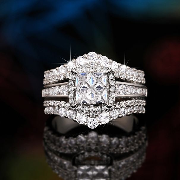 Cao Shi's New Zircon Simulation Double Layered 2-in-1 Super Sparkling Women's Square Spliced Crown Ring_ipsvogv.com