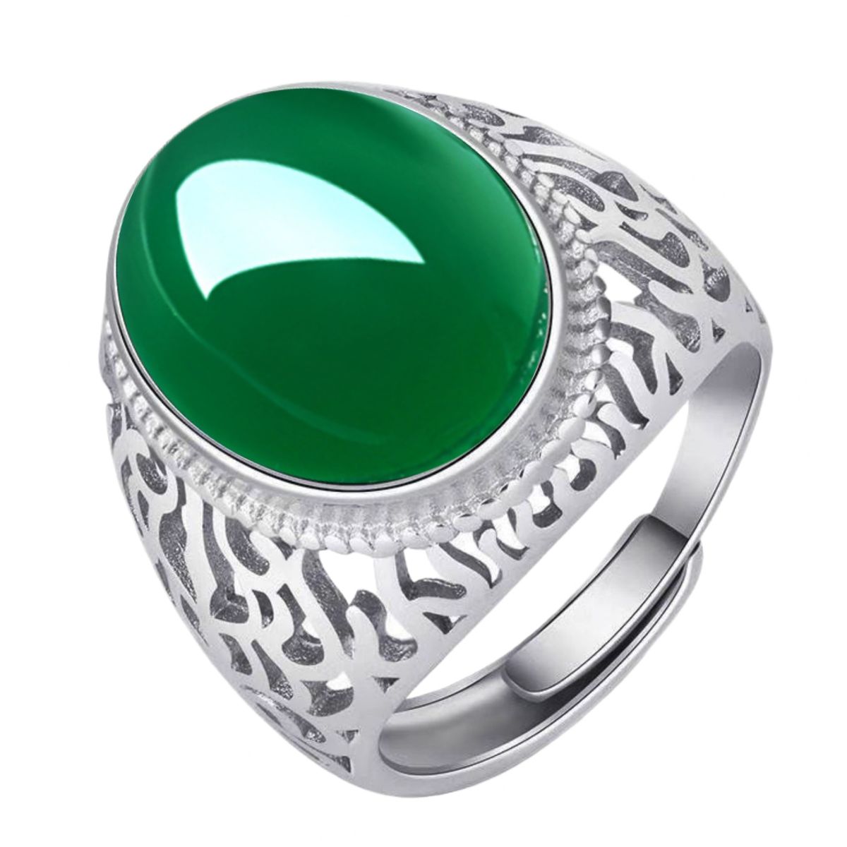New Elegant And Bold Jade Temperamental Green Agate Adjustable Ring, Chalcedony Hollow Ring_ipsvogv.com