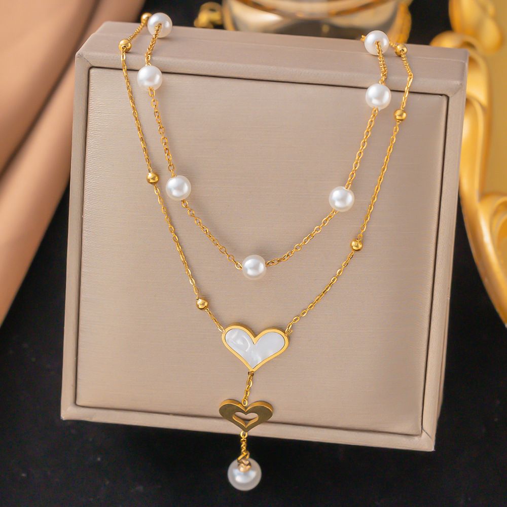 Stone Fashion Versatile Niche Double-layer Chain Pearl Butterfly Tassel Pendant Stainless Steel Necklace_ipsvogv.com