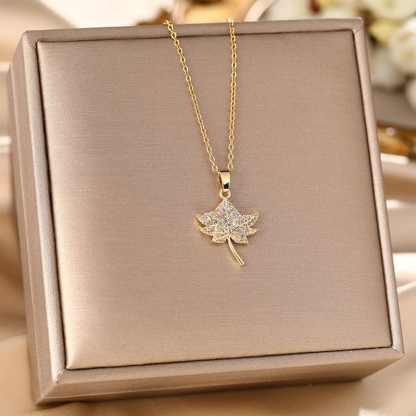 Japanese Korean Ins Wind Leaf Titanium Steel Necklace For Women With Micro Inlaid Gold Branches Jade Leaves Pendant,_ipsvogv.com