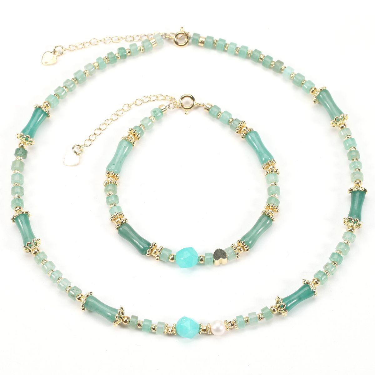 Freshwater Pearl Bamboo Green Aventurine Natural Stone Bracelet Necklace Set Female_ipsvogv.com