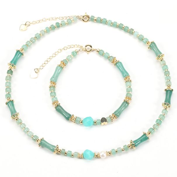 Freshwater Pearl Bamboo Green Aventurine Natural Stone Bracelet Necklace Set Female_ipsvogv.com
