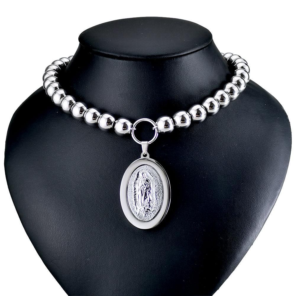 Heavy Woman's Man's Stainless Steel Virgin Mary Pendant Beading Chain Necklace_ipsvogv.com