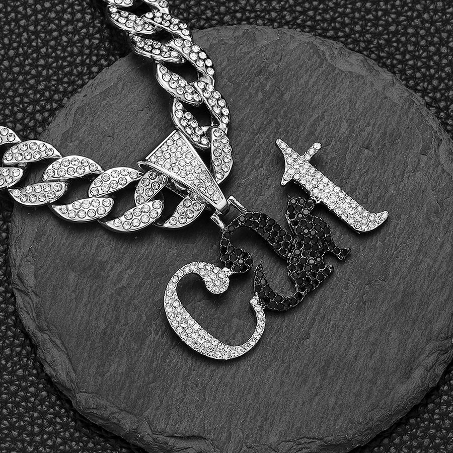 Full Diamond Creative Letter Cat Animal Pendant Cuban Necklace Men's Cool Trendy Hip Hop Accessories_ipsvogv.com