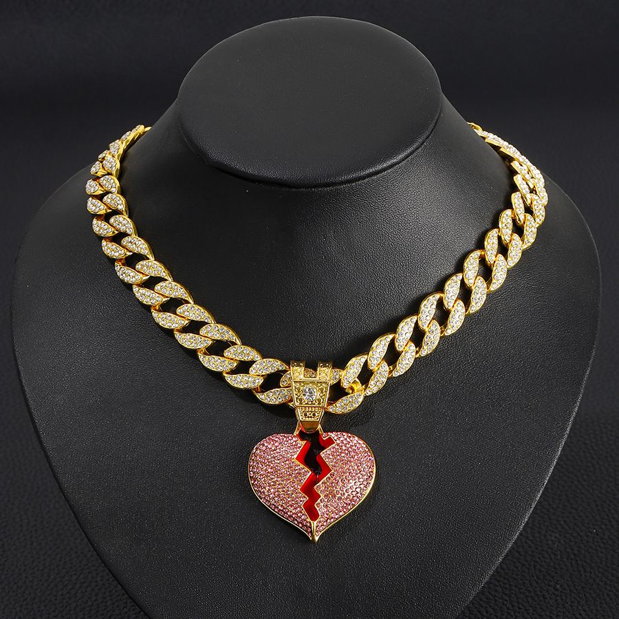 Trendy Ins Full Diamond Pink Broken Heart Painting Oil Pendant Fashion Love Necklace Jewelry Unisex_ipsvogv.com