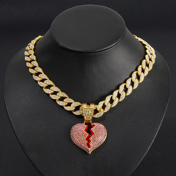 Trendy Ins Full Diamond Pink Broken Heart Painting Oil Pendant Fashion Love Necklace Jewelry Unisex_ipsvogv.com