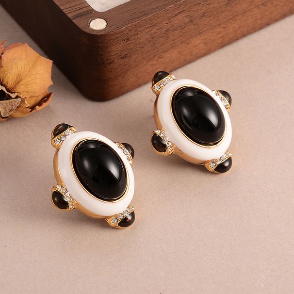French Retro Glass Oval Earrings Personalized Diamond Court Style Personalized Earrings Tiger Eye High Grade Earrings For Women_ipsvogv.com