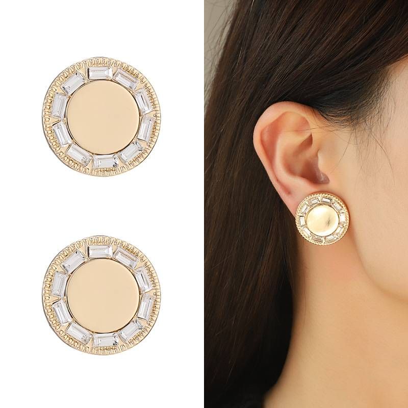 Metal Geometry Point drill combination necklace earrings Female Geometry drill chain round shield metal earrings_ipsvogv.com