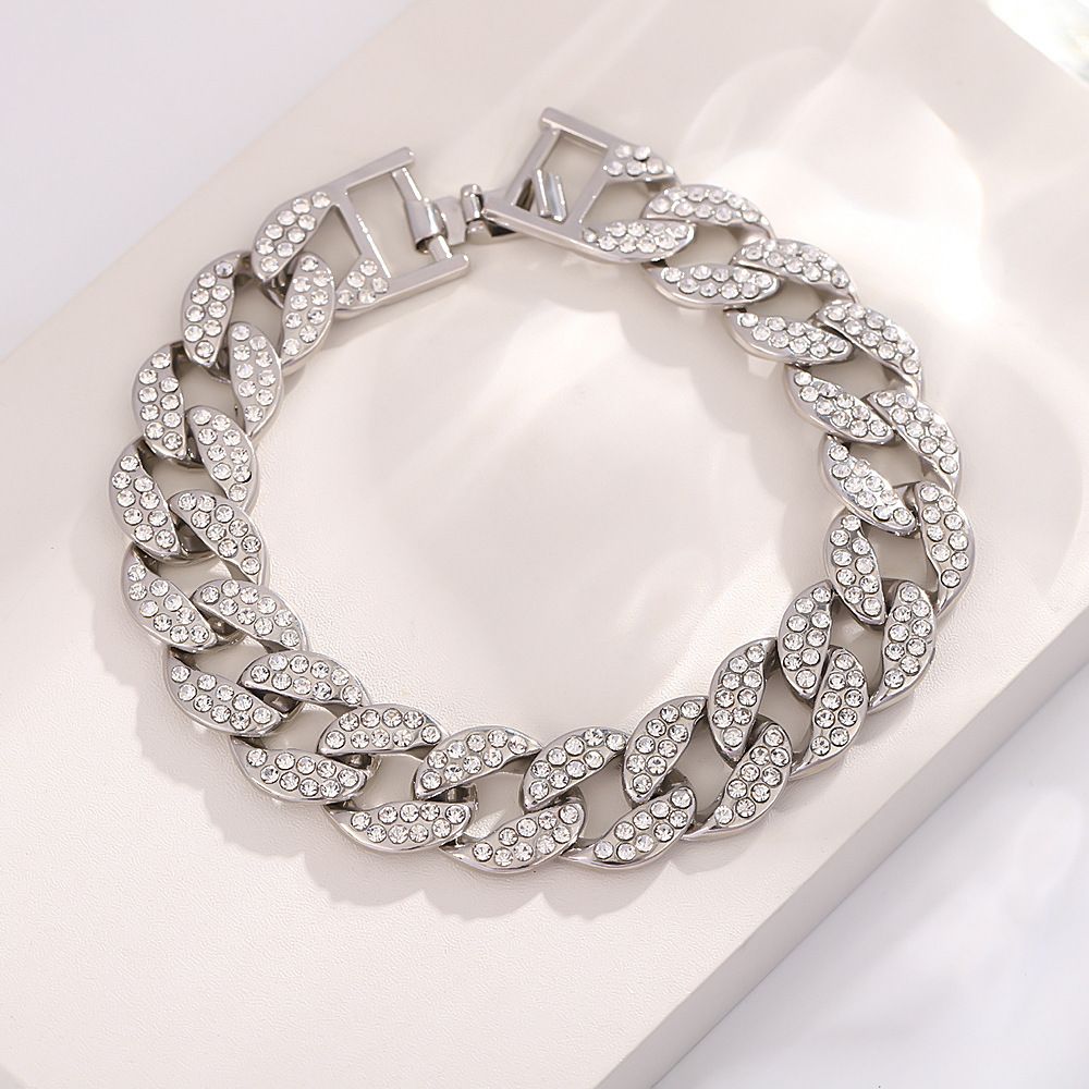 Fashion Item Cuban Bracelet Trendy Hip-Hop Chain Unisex Alloy Inlaid Diamond Hand Jewelry_ipsvogv.com