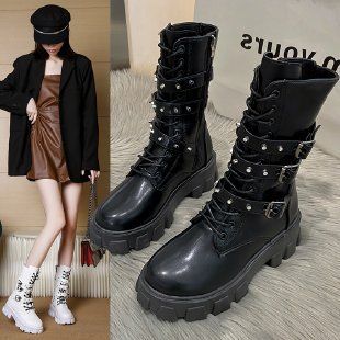 Women's Shoes punk lace up thick soled mid calf boots large size knight boots long boots_ipsvogv.com