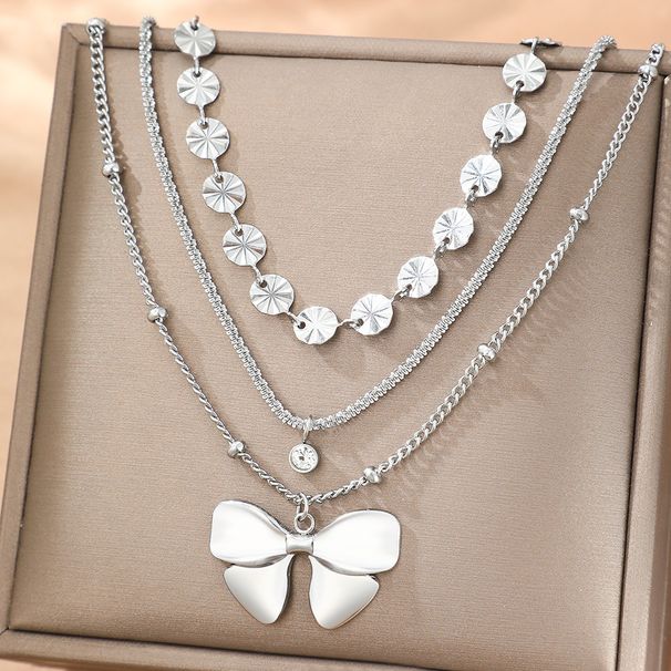 New Minimalist And Fashionable Light Luxury Necklace With Round Embossed Necklace, Personalized Bow, Three-layer_ipsvogv.com