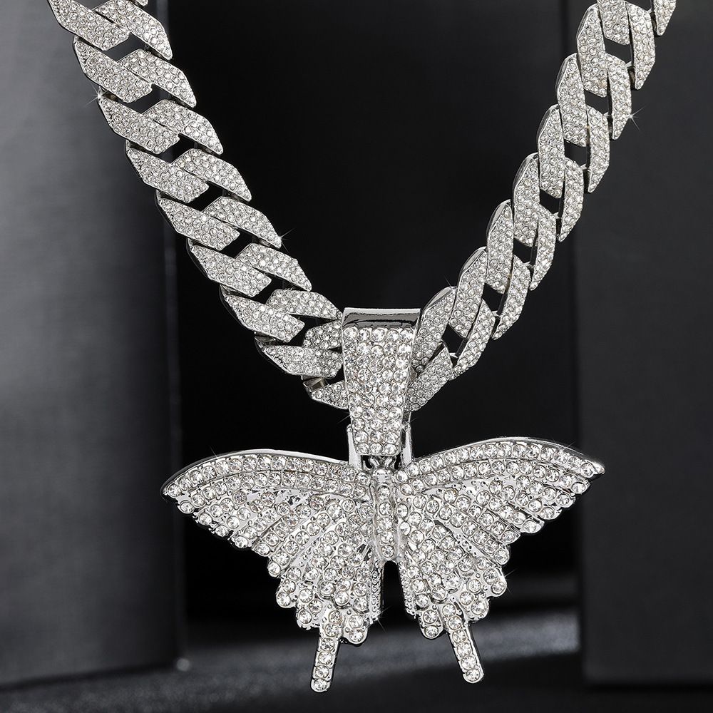 Hip hop necklace street rap butterfly pendant Cuban necklace personality trend couple necklace_ipsvogv.com