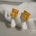 Electroplated Titanium Steel Retro Square Embossed Baroque Pearl Earrings_ipsvogv.com