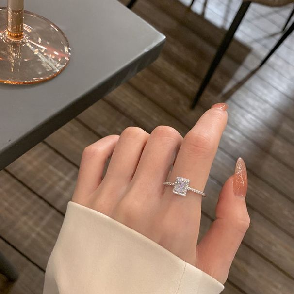 Korean Style Light Luxury Zircon Super Shiny INS Niche Design Square Diamond Minimalist Exquisite Adjustable Open Ring_ipsvogv.com