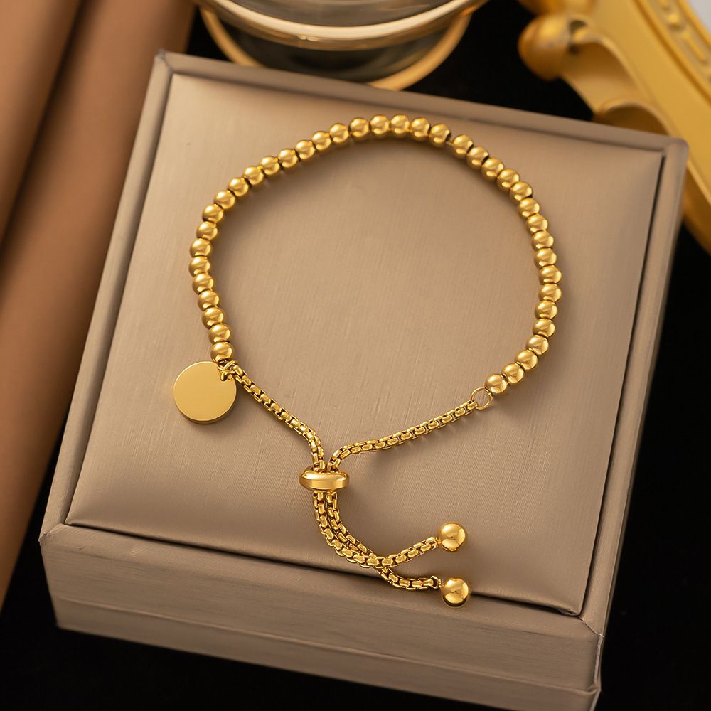 New Ins Gold Stainless Steel Circular Hang Tag Adjustable Bead Engraved Bracelet_ipsvogv.com