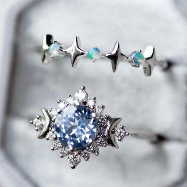 Sanjie Moon Set Blue Zircon Plated With White Gold Star Minimalist Style Ring Pair_ipsvogv.com