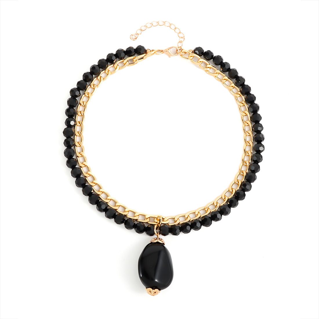 Small Retro Simple Big Water Drop Pendant Necklace Double Layer Beaded Clavicle Chain_ipsvogv.com