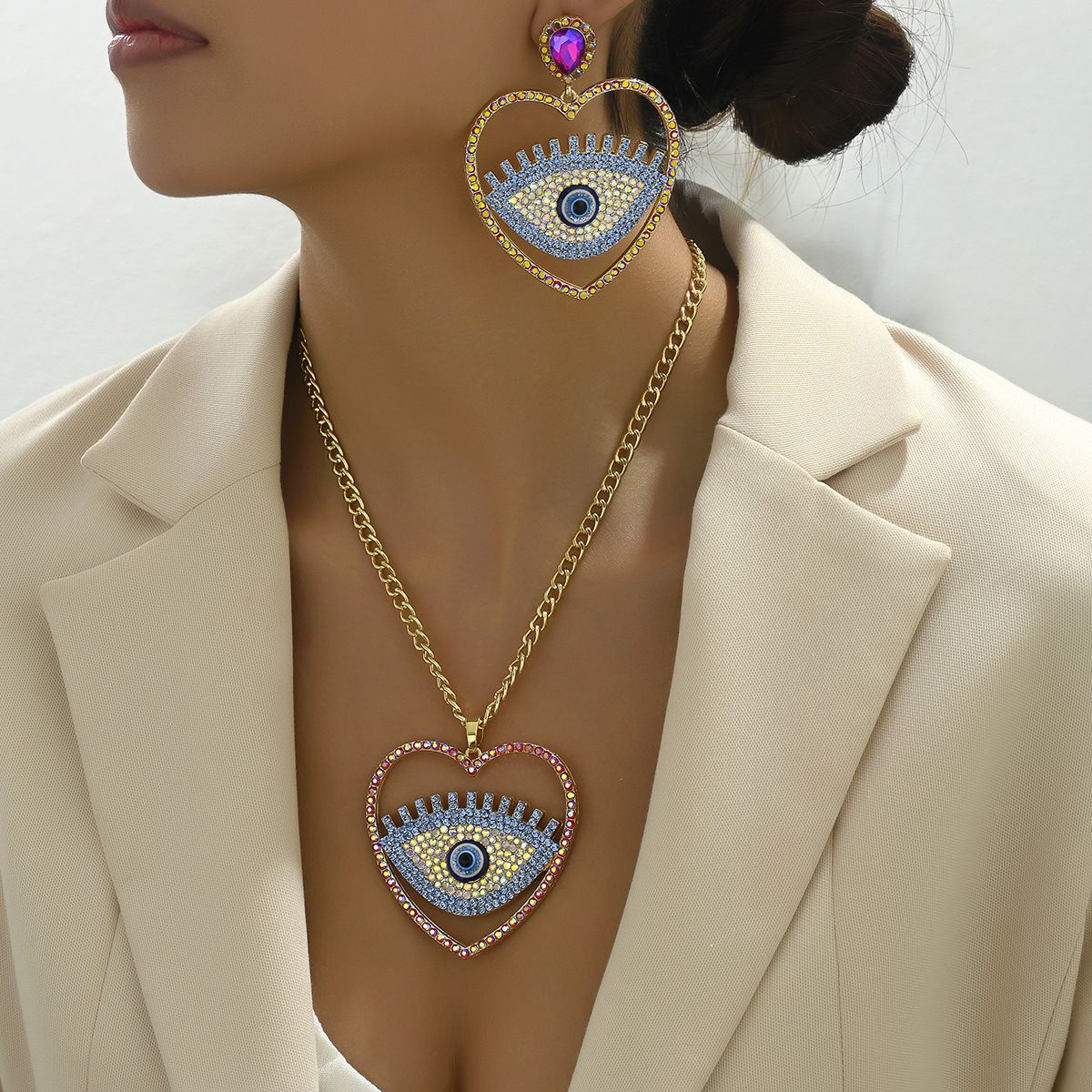 American hip-hop style earring necklace set, personalized devil's eye, niche long collarbone chain set_ipsvogv.com