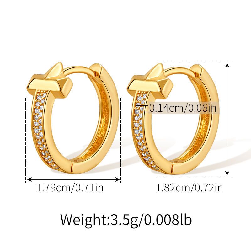 Simple zircon ear buckle copper plated K real gold fashionable white collar commuting business chic wind T shaped trend earrings_ipsvogv.com