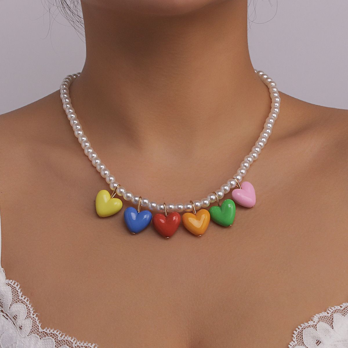 N10036 Rainbow Pearl Necklace, Spring/Summer Elegance, Pride Day Resin Love, Sweet and Cool Necklace_ipsvogv.com