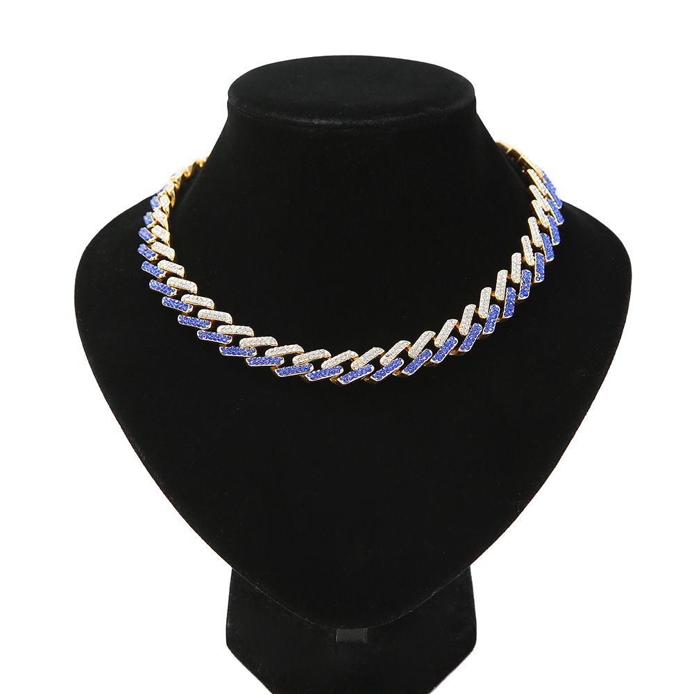 13MM Exaggerated Men's Gold Pendant Accessories New Product Set With Colorful Diamond Geometric Square Blue Cuban Chain_ipsvogv.com