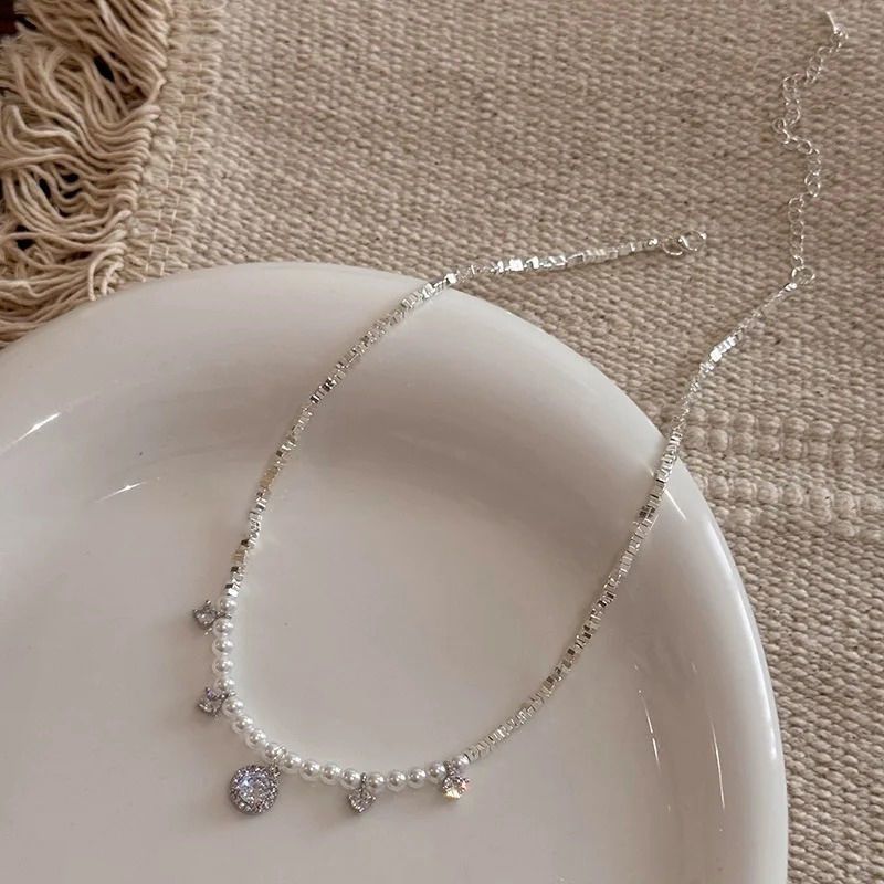 French Pearl Zircon Broken Silver Necklace For Women, Light Luxury, Niche High-end Design, 2024 New Jewelry Gift_ipsvogv.com
