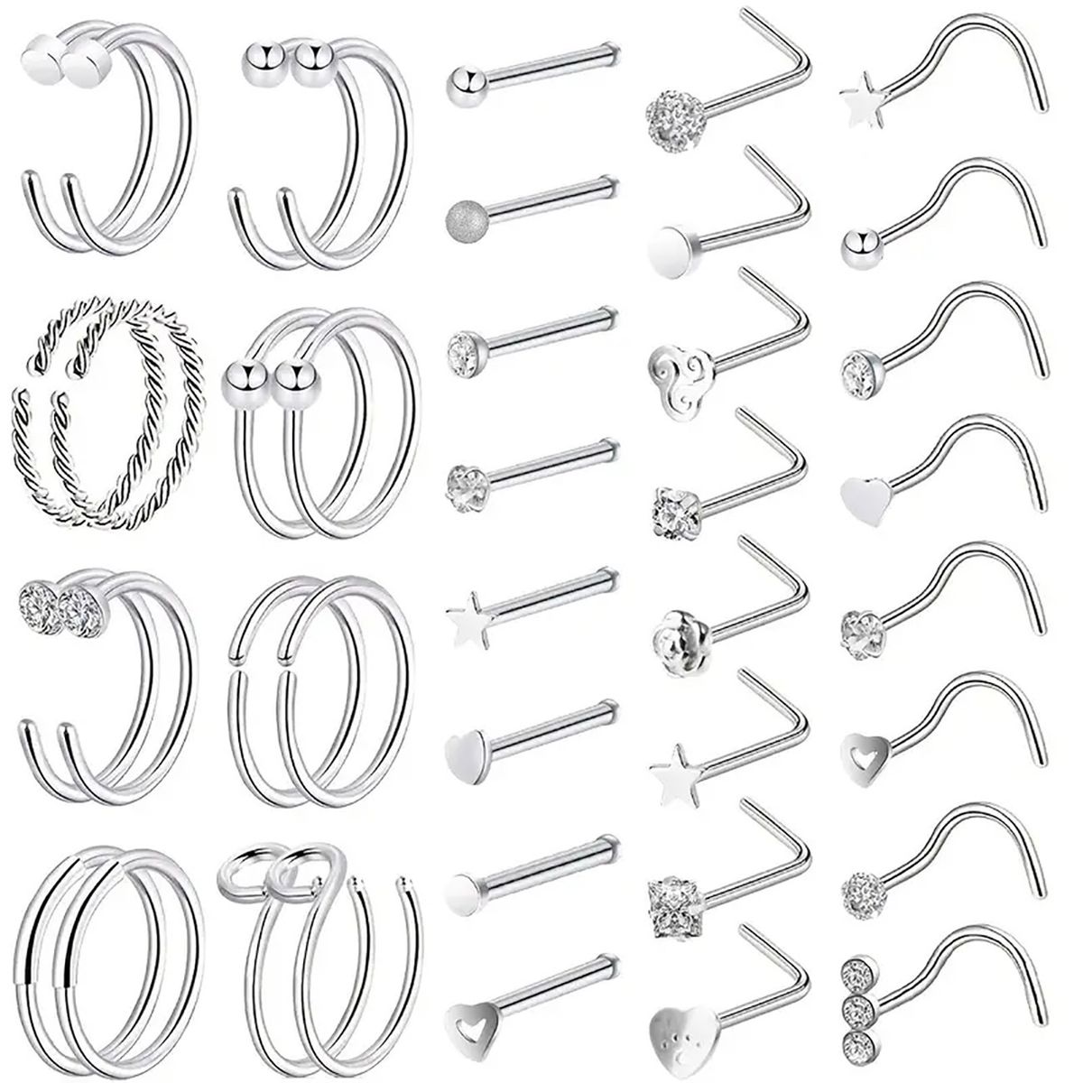 Stainless Steel Nose Nail 40 Pieces Set Piercing Nose Ring C Shape U Shape Men And Women Combination Titanium Steel Jewelry_ipsvogv.com