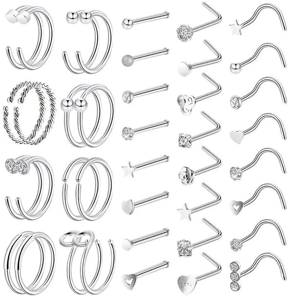 Stainless Steel Nose Nail 40 Pieces Set Piercing Nose Ring C Shape U Shape Men And Women Combination Titanium Steel Jewelry_ipsvogv.com