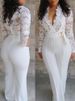 Women's sexy deep v white see-through lace splicing jumpsuit _ipsvogv.com