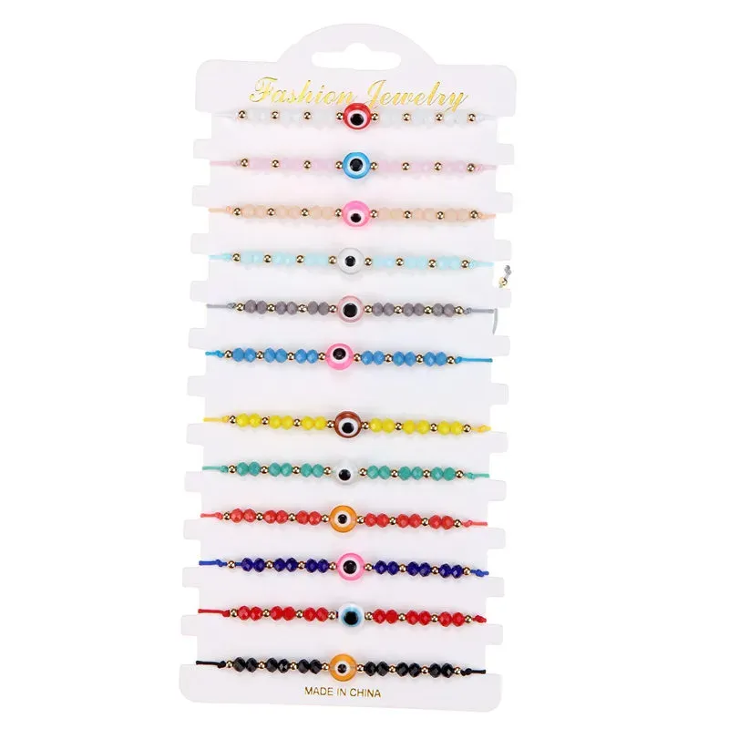 Blue Evil Eye Charm Bracelets 12pcs/set Fashion Jewelry Adjustable Crystal Rice Beads Card Wax Rope Braided Bracelet_ipsvogv.com