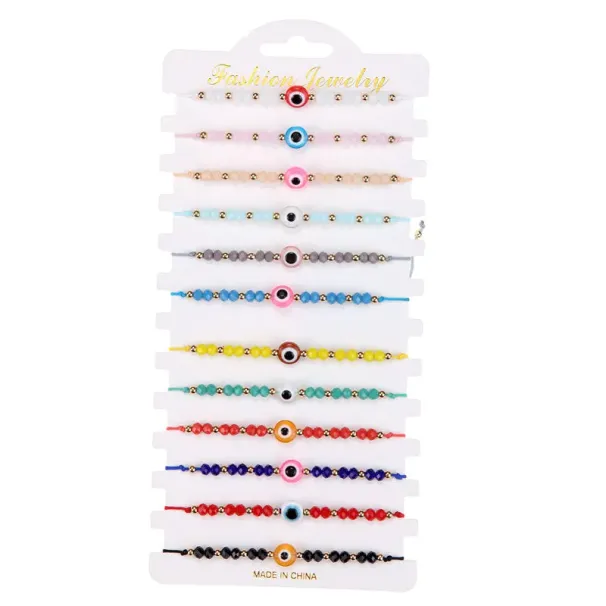 Blue Evil Eye Charm Bracelets 12pcs/set Fashion Jewelry Adjustable Crystal Rice Beads Card Wax Rope Braided Bracelet_ipsvogv.com