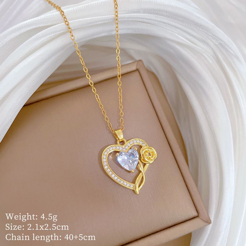 【 】 Love Rose Light Luxury Charm Gorgeous Full Diamond Necklace Women's Versatile Clavicle Titanium Steel Chain_ipsvogv.com
