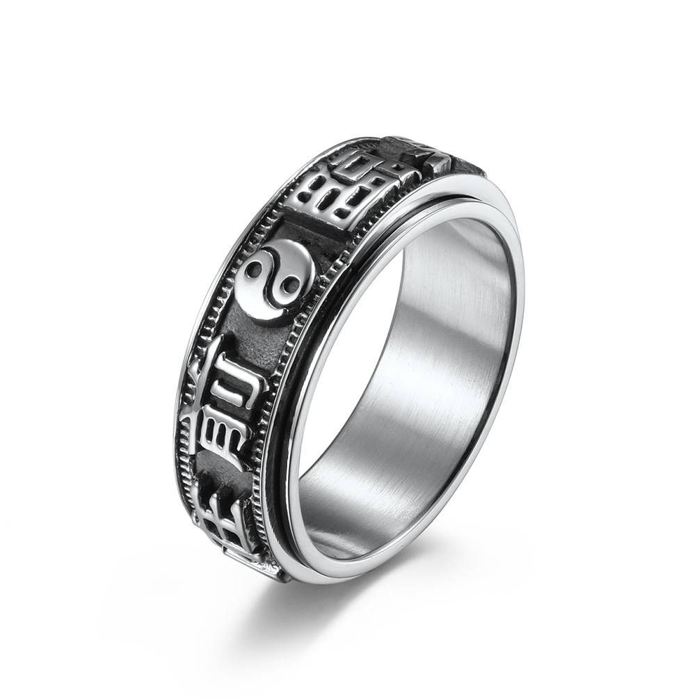 Retro nine character rotatable titanium steel ring stainless steel anxiety relief hand jewelry_ipsvogv.com