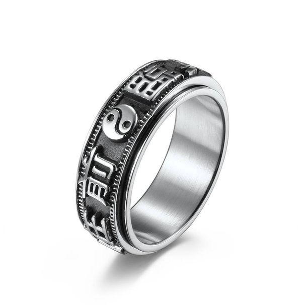 Retro nine character rotatable titanium steel ring stainless steel anxiety relief hand jewelry_ipsvogv.com