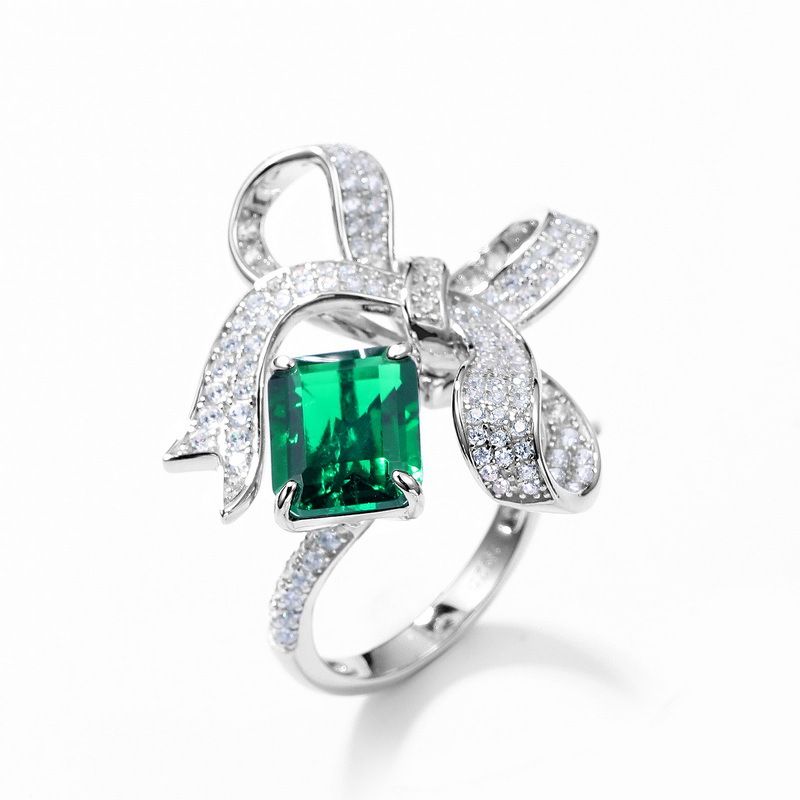 S925 Silver Cultivated Emerald Ring Female Bowknot Style Fashion High End Jewelry_ipsvogv.com
