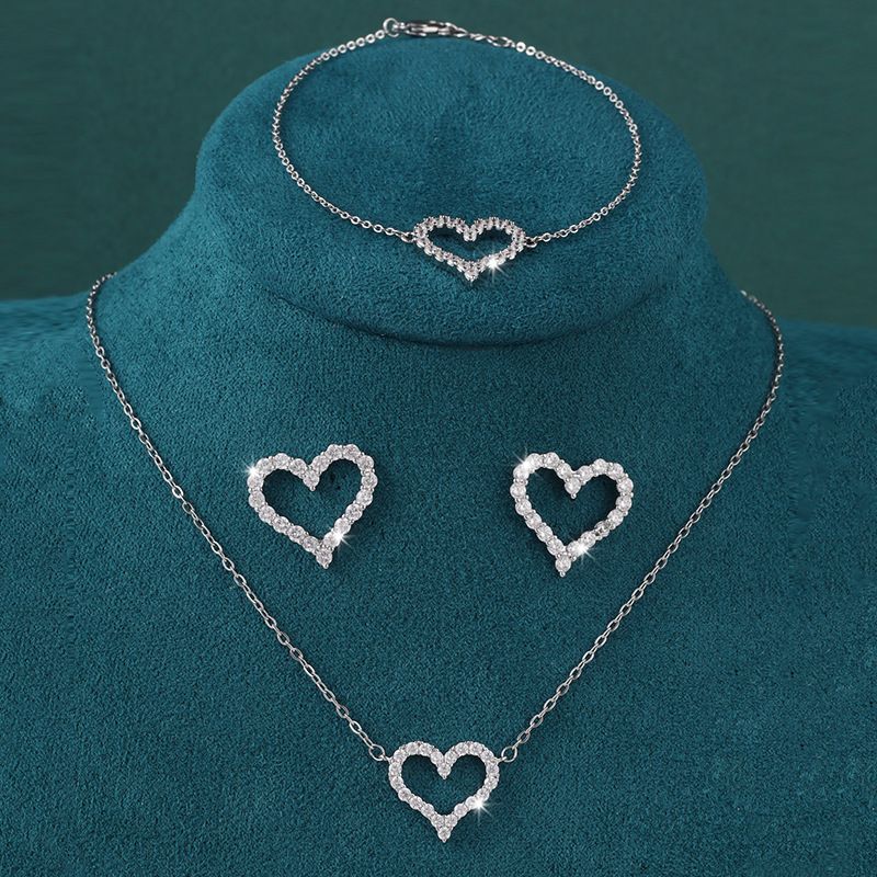 3PCS Jewellery Set for Women Sterling Silver Crystal Zirconia Heart Pendant Necklace and Earrings with Bracelet jewelery Set Birthday Gifts_ipsvogv.com