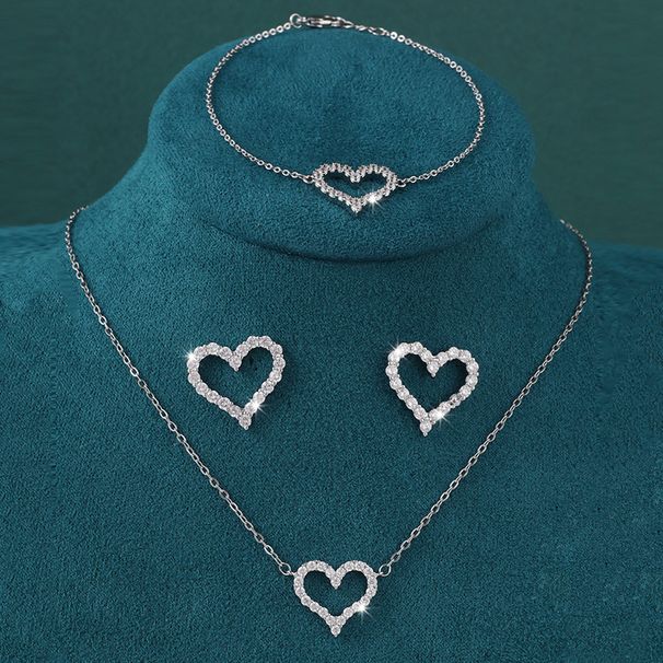 3PCS Jewellery Set for Women Sterling Silver Crystal Zirconia Heart Pendant Necklace and Earrings with Bracelet jewelery Set Birthday Gifts_ipsvogv.com