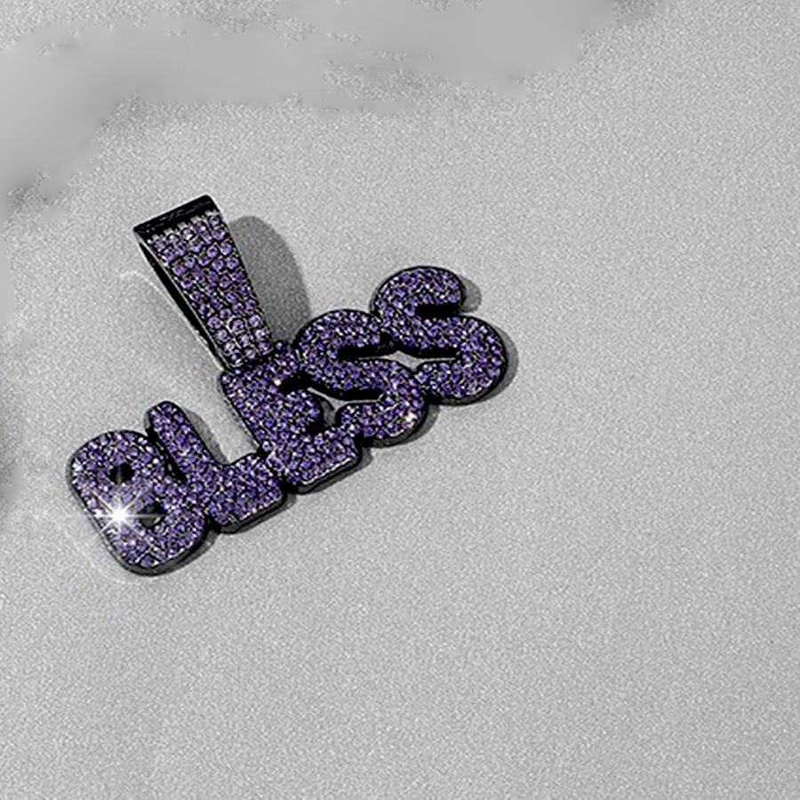 Unisex New Hip Hop Men And Women Alloy Full Diamond Purple BLESS Blessing Pendant Fashion Cuban Pendant Chain_ipsvogv.com