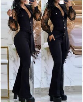 Women's Clothing elegant mesh sleeves V neck button pockets high waist lace up solid color slim jumpsuit_ipsvogv.com