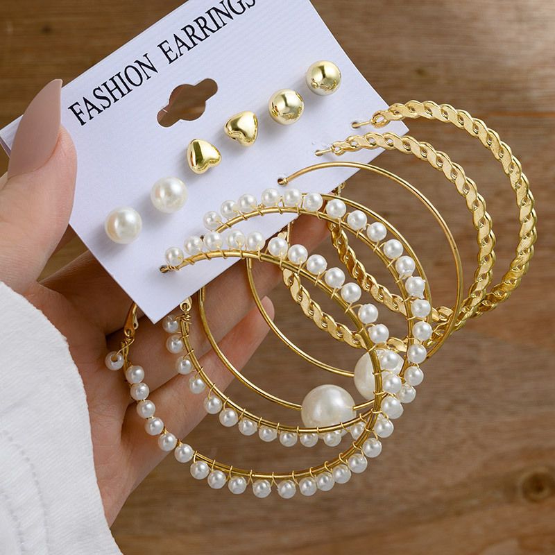 Wrapping Pearl Big Ear Ring Geometric Earrings Set Simple Love Stud Earrings Combination Earrings_ipsvogv.com
