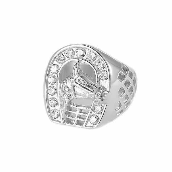 Hip hop titanium steel/stainless steel gold plated diamond horse head men's ring_ipsvogv.com
